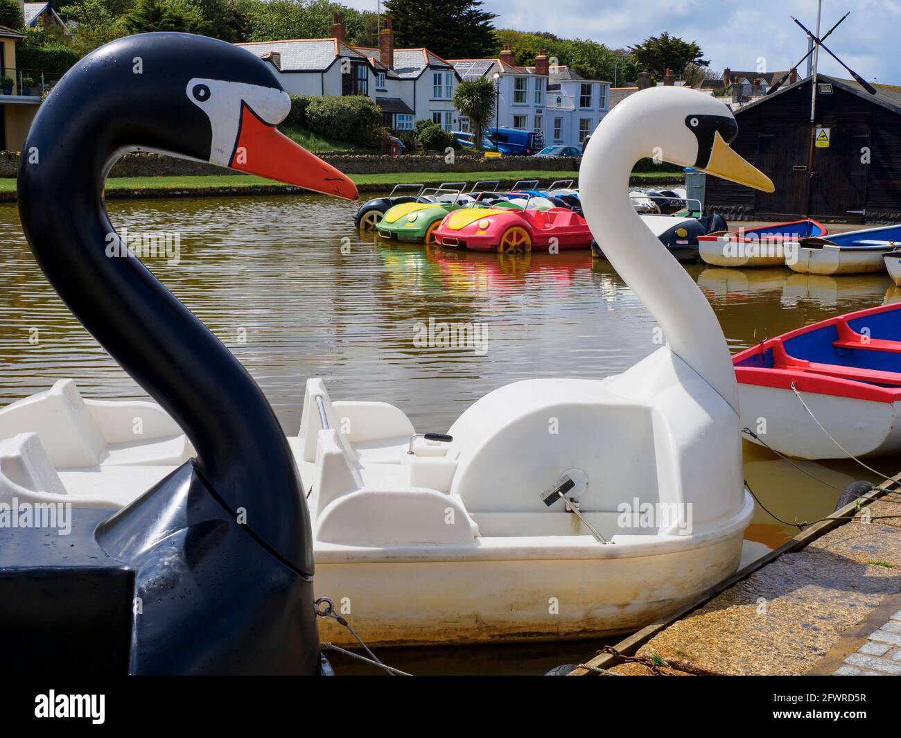 Pedalos on the canal, Bude, Cornwall, UK Stock Photo