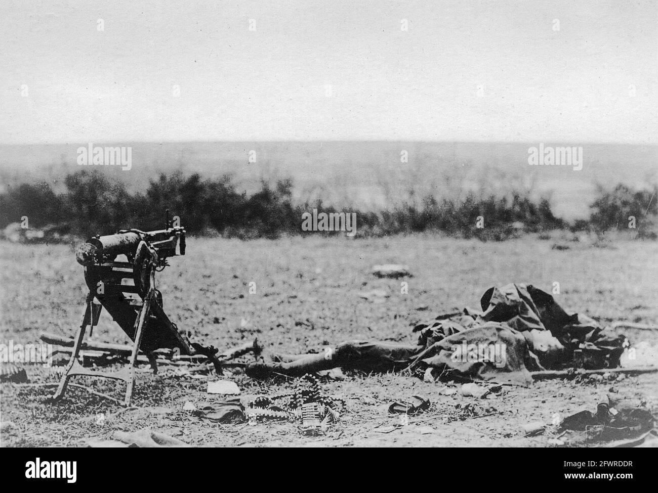 A German soldier who was killed manning his machine gun. During the Meuse-Argonne offensive, Germans made extensive use of machine guns to hinder the American’s advance. Stock Photo