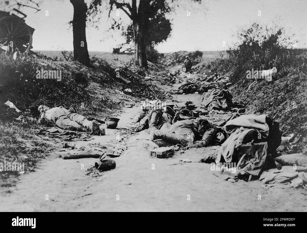 The aftermath of an attack. German soldiers lie dead in a sunken road. 1918 Stock Photo