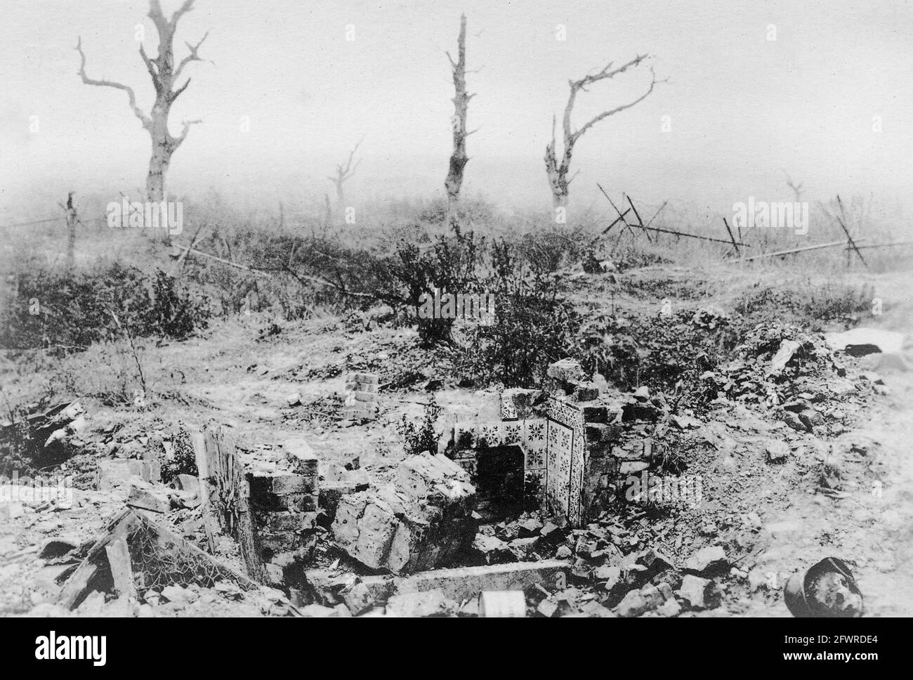 No Man’s Land at Malancourt, Meuse-Argonne, France, 1918. The first line of trenches are directly in front of the ruined house. Stock Photo