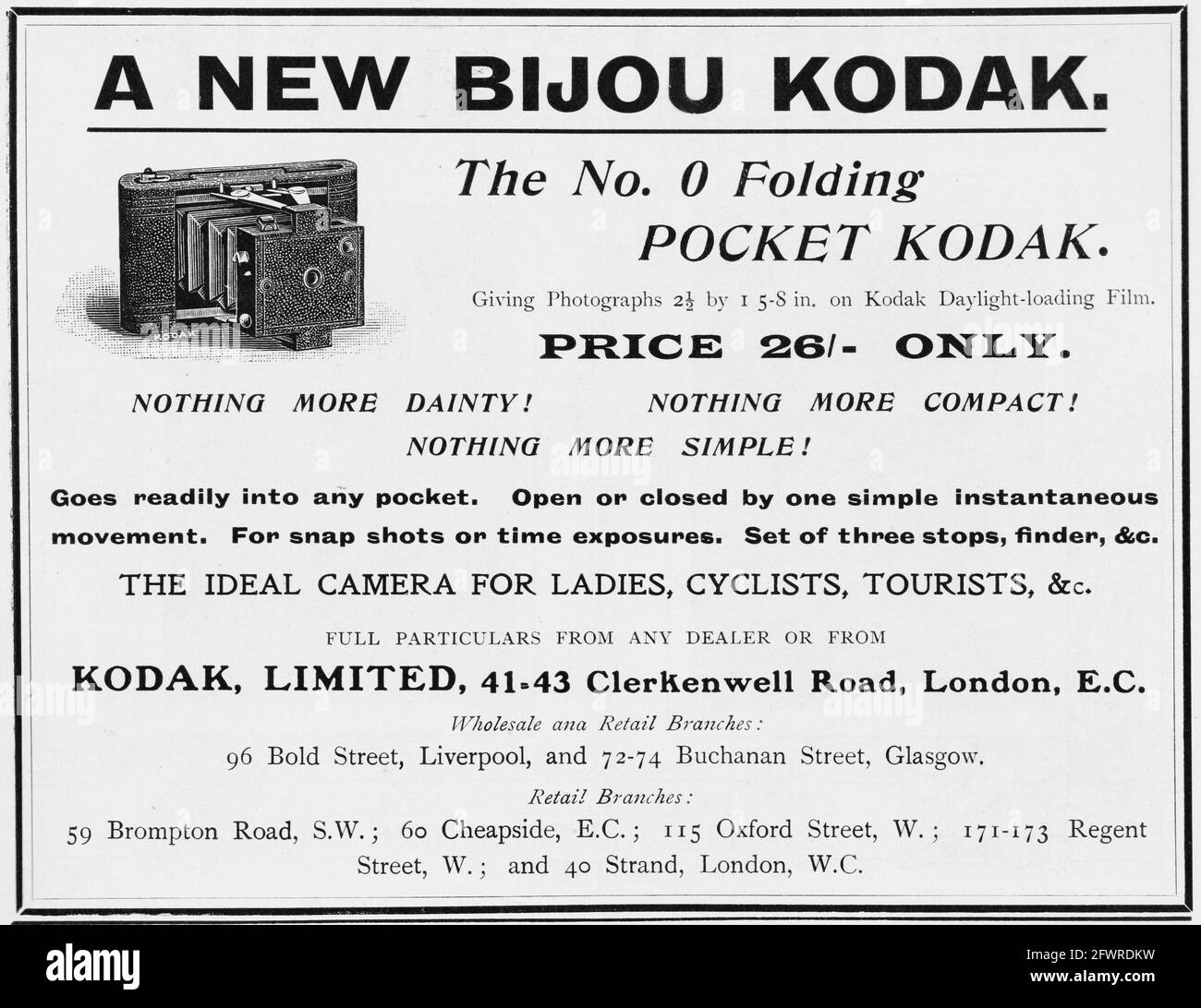 A 1902 advertisement for: A new Bijou Kodak – The No. 0 Folding Pocket Kodak – The ideal camera for ladies, cyclists, tourists, & c. Nothing more dainty! Nothing more compact! Nothing more simple! Goes readily into any pocket. Open or closed by one simple instantaneous movement. For snap shots or time exposures. Set of three stops, finder, &c. Stock Photo