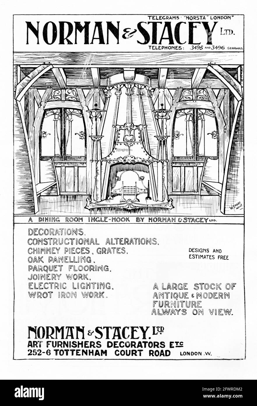 “Norman & Stacey Ltd. Art Furnishers and Decorators”. 1902 advertisement by Norman & Stacey Ltd., Tottenham Court Rd., London for Arts & Crafts and Art Nouveau style decorations, constructional alterations, chimney pieces, grates, oak panelling, parquet flooring, joinery work, electric lighting and wrot iron work. Stock Photo