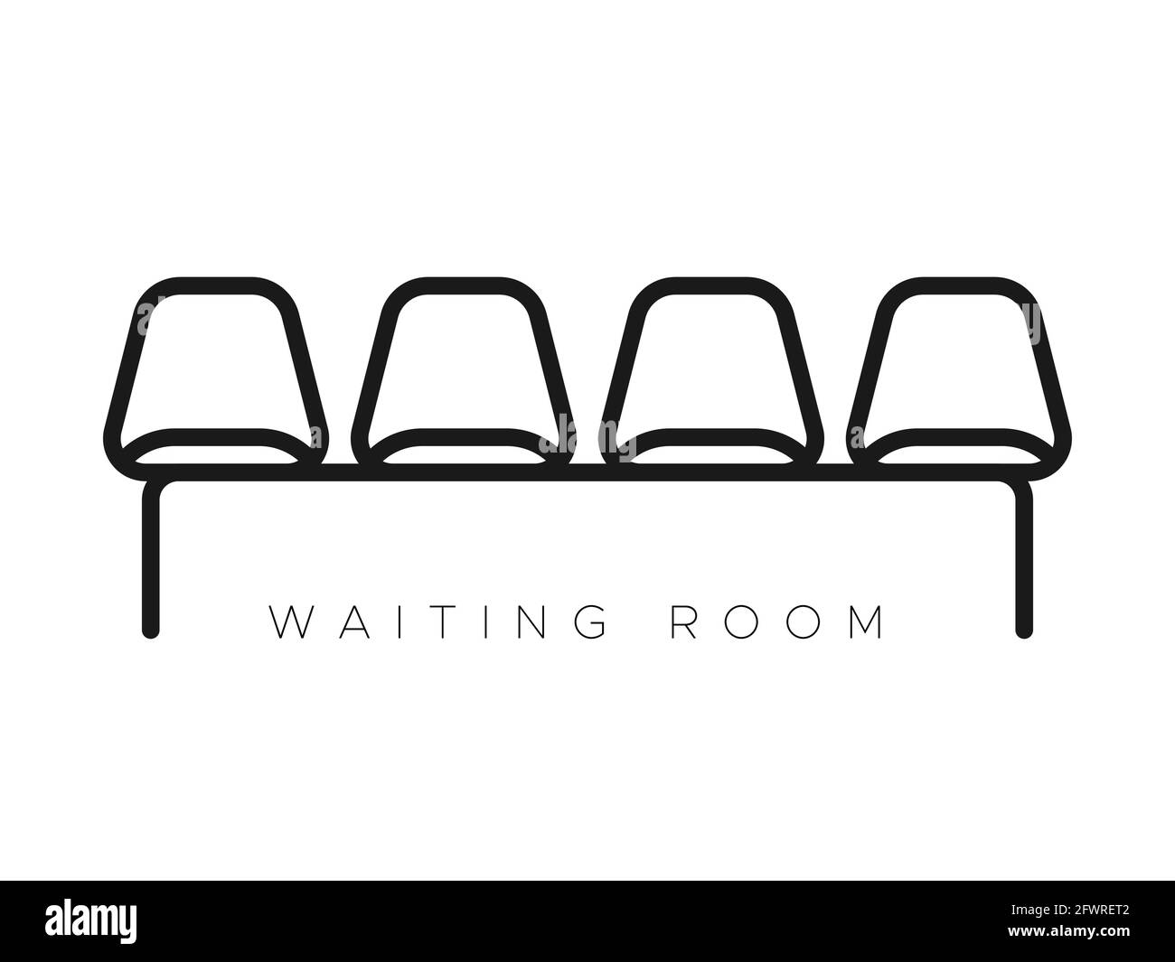 Waiting room icon. Black thick outline. Four empty chairs with text. Vector illustration, flat design Stock Vector
