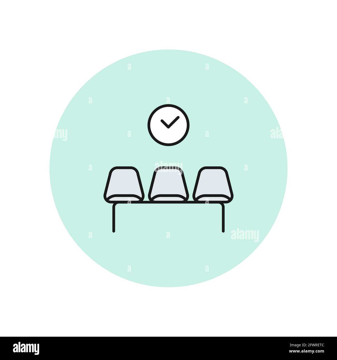 Waiting room icon. Black thick outline. Three empty chairs. A clock on the wall. Vector illustration, flat design Stock Vector