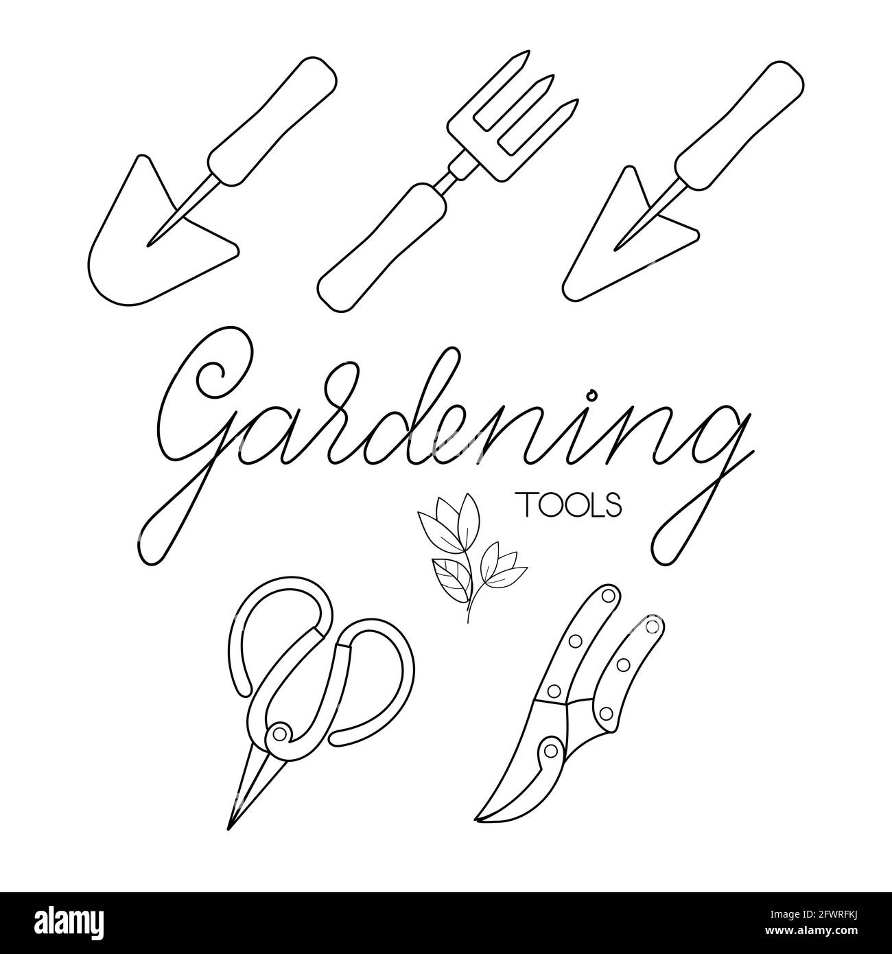 Gardening tools set of trowels, hand fork scissors and pruners with lettering outline simple minimalistic flat design vector illustration isolated on Stock Vector