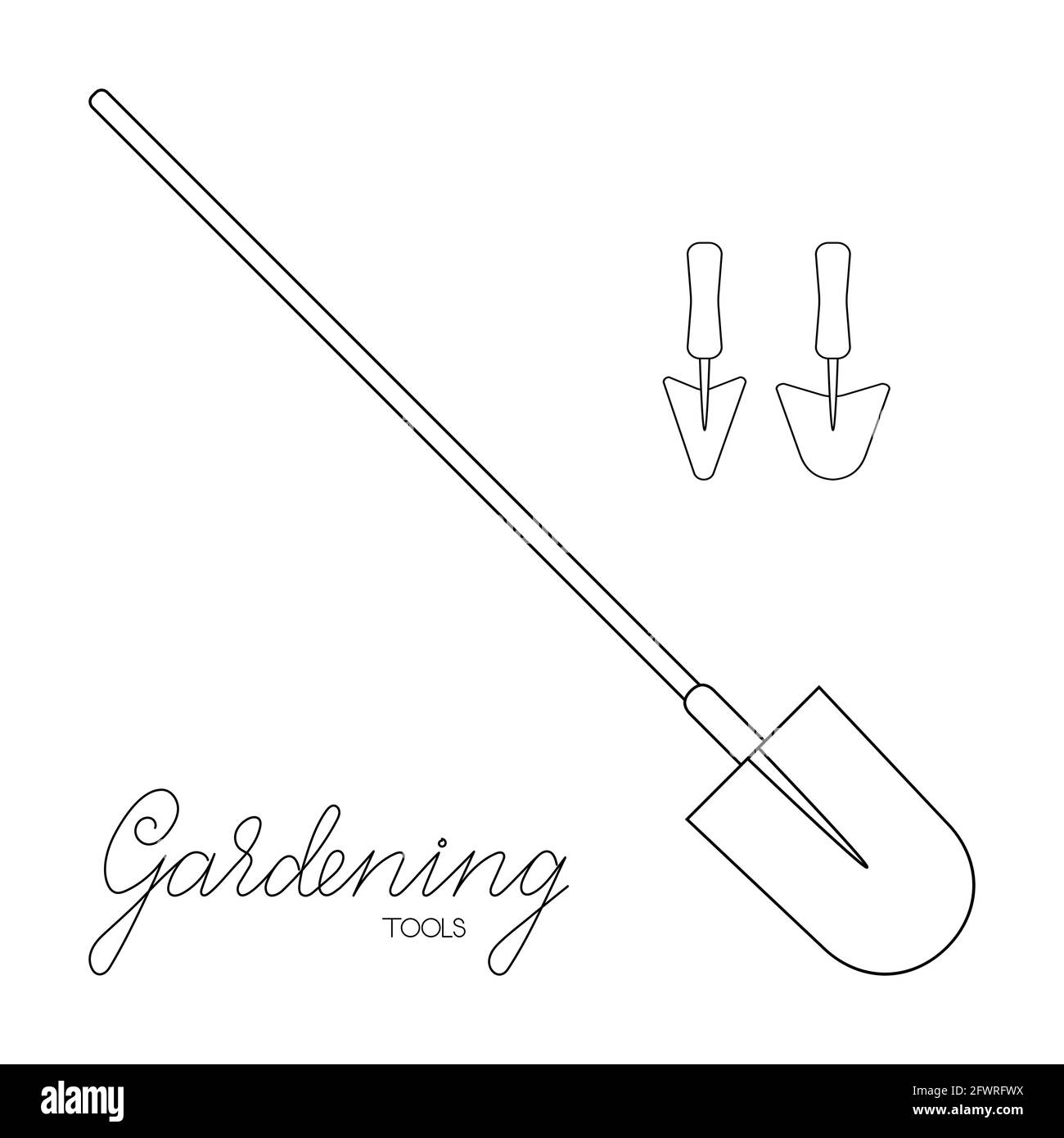 Gardening tools set of spade and trowels with lettering outline simple minimalistic flat design vector illustration isolated on white background Stock Vector