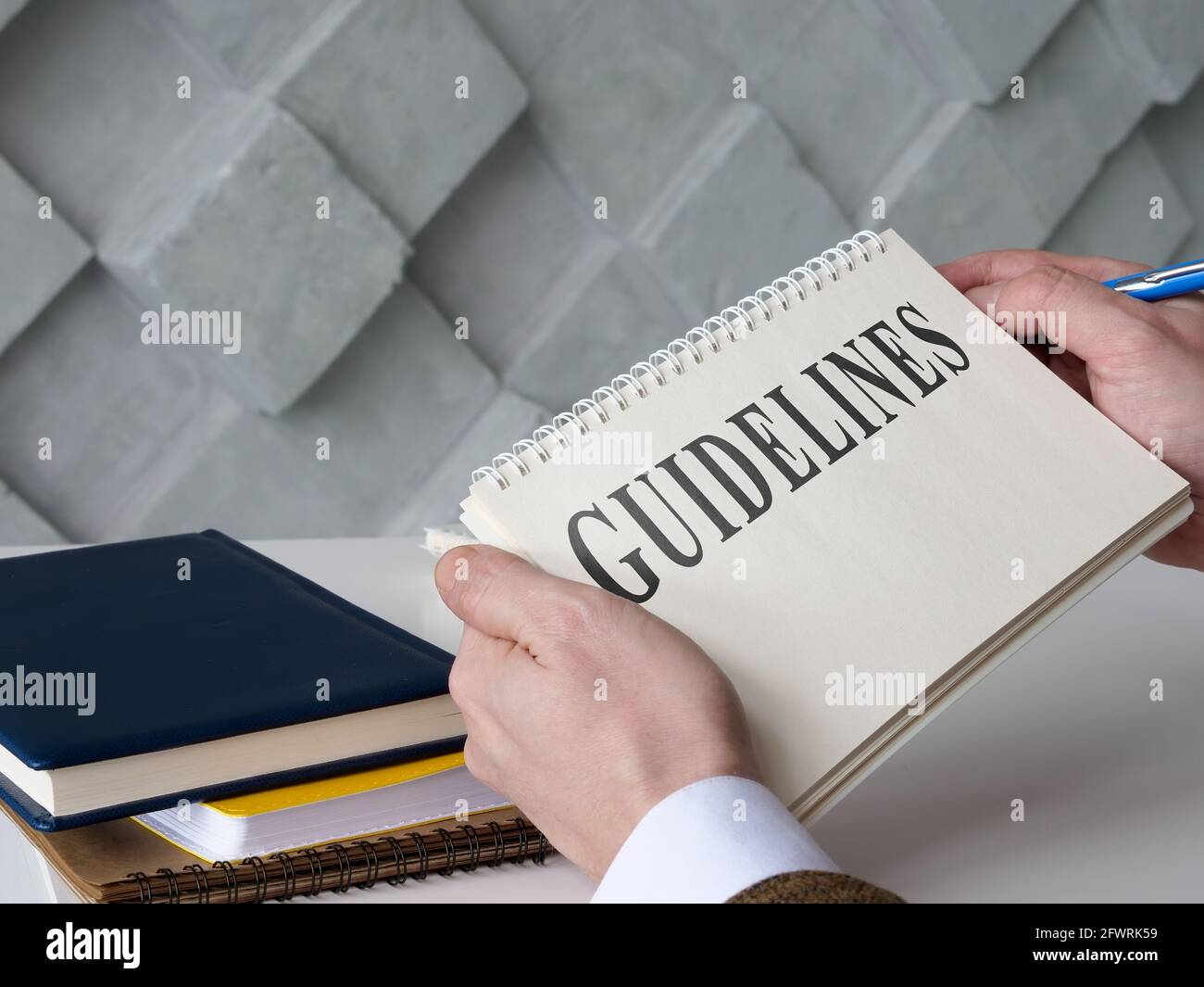 Manager reads Guidelines and holds blue pen. Stock Photo