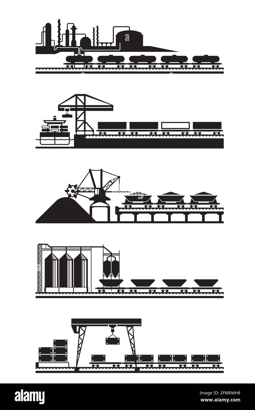 Freight railway wagons for various products – vector illustration Stock Vector