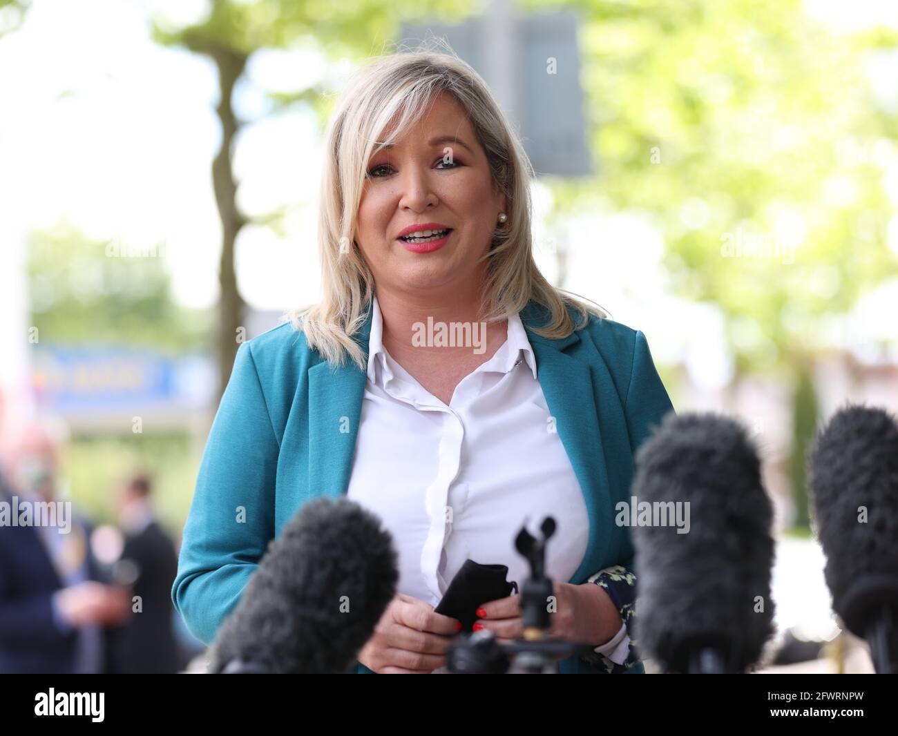 Deputy First Minister Michelle O'Neill at the Strand Centre Cinema in east Belfast to mark the reopening of indoor arts venues, after the latest easing of the Covid-19 rules in Northern Ireland . Stock Photo