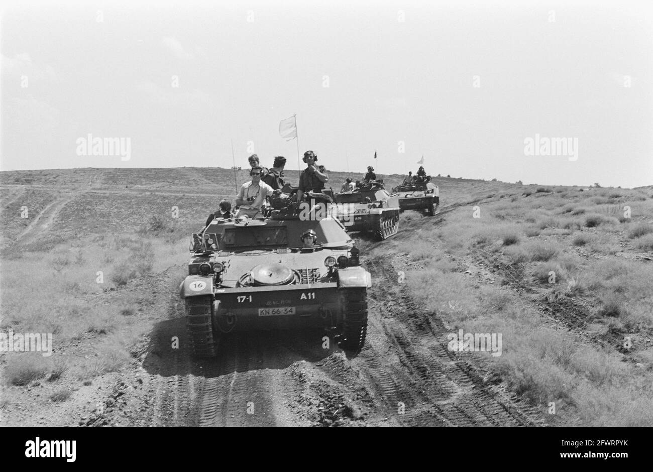 Dutch army exercises in La Courtine, France; 17th armoured infantry battalion, with jeeps and Alonette helicopters in action, 7 August 1970, JEEPS, helicopters, military, exercises, The Netherlands, 20th century press agency photo, news to remember, documentary, historic photography 1945-1990, visual stories, human history of the Twentieth Century, capturing moments in time Stock Photo