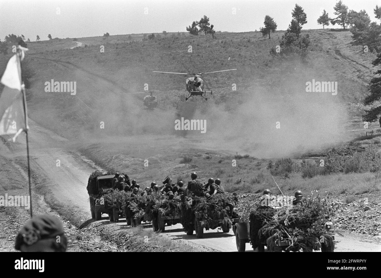 Dutch Army exercises in La Courtine, France; 17th Armored Infantry Battalion, with jeeps and Alouette helicopters in action, August 7, 1970, helicopters, jeeps, Army, The Netherlands, 20th century press agency photo, news to remember, documentary, historic photography 1945-1990, visual stories, human history of the Twentieth Century, capturing moments in time Stock Photo