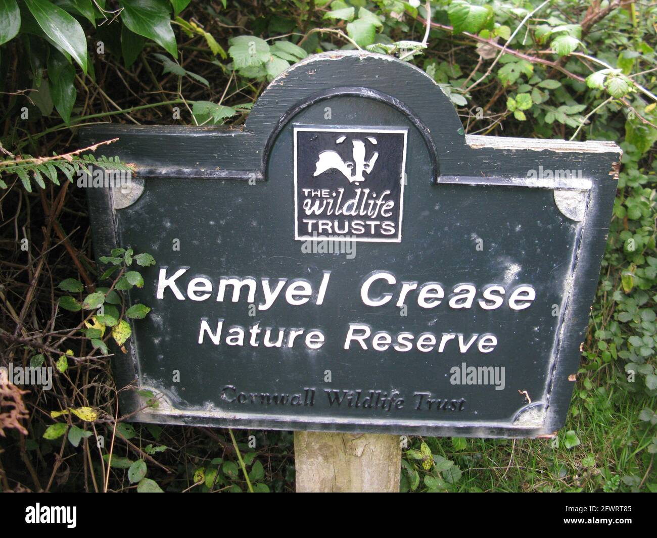 Kemyel crease nature reserve sign. South west coast path. South Cornwall. West country. England. UK Stock Photo