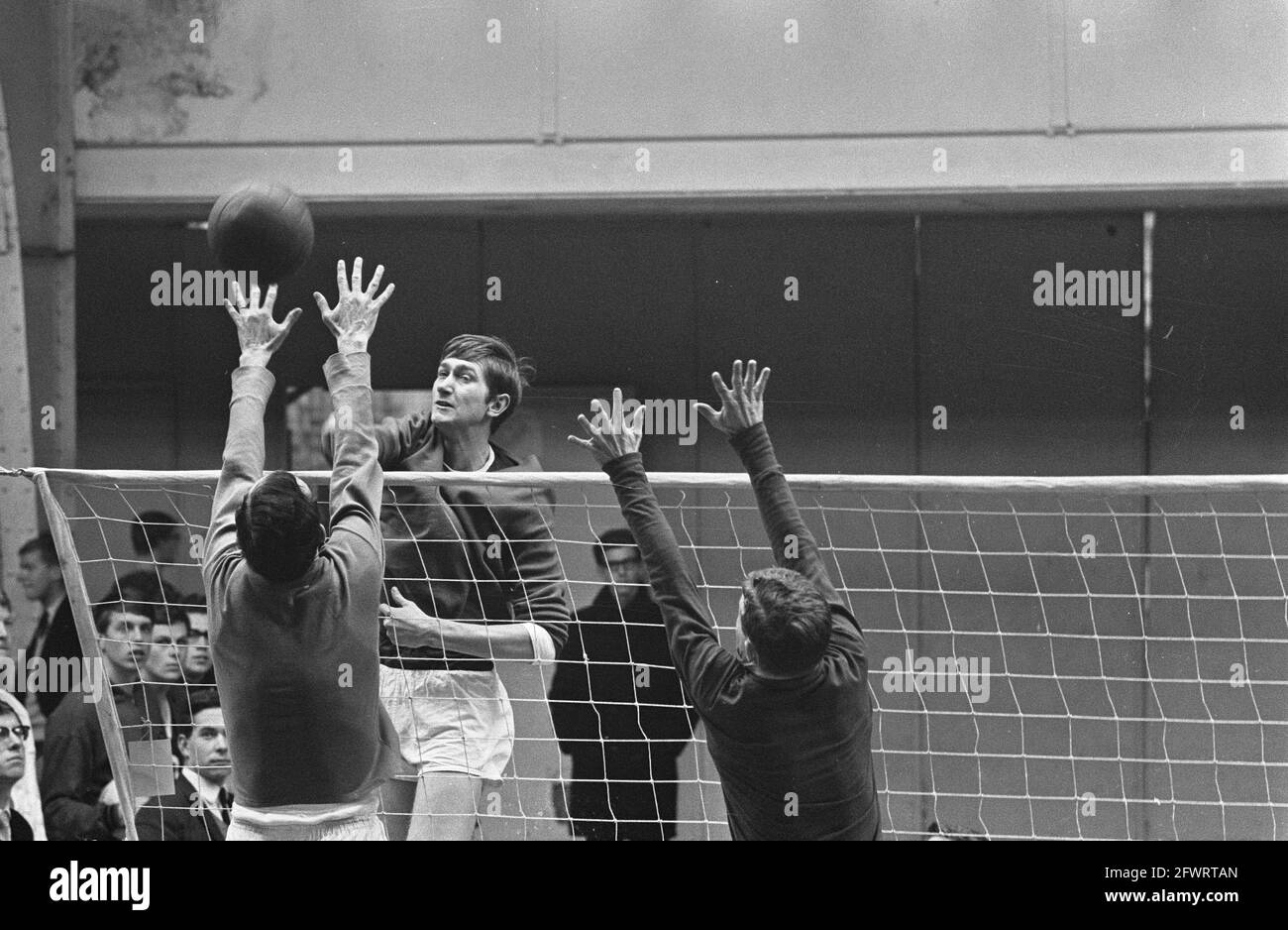 Student Championships, Volleyball, Constandse gives smash, 20, 1966, Students, VOLLEYBAL, championships, The Netherlands, 20th century press agency photo, news to remember, documentary, historic photography 1945-1990, visual stories ...