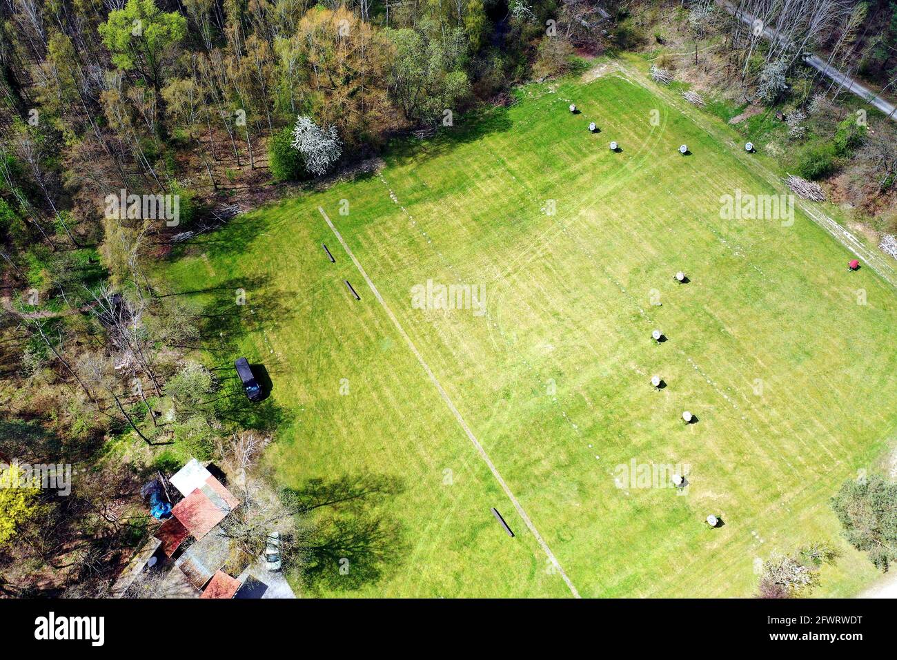 Aerial view of archery range with a large lawn and targets Stock Photo