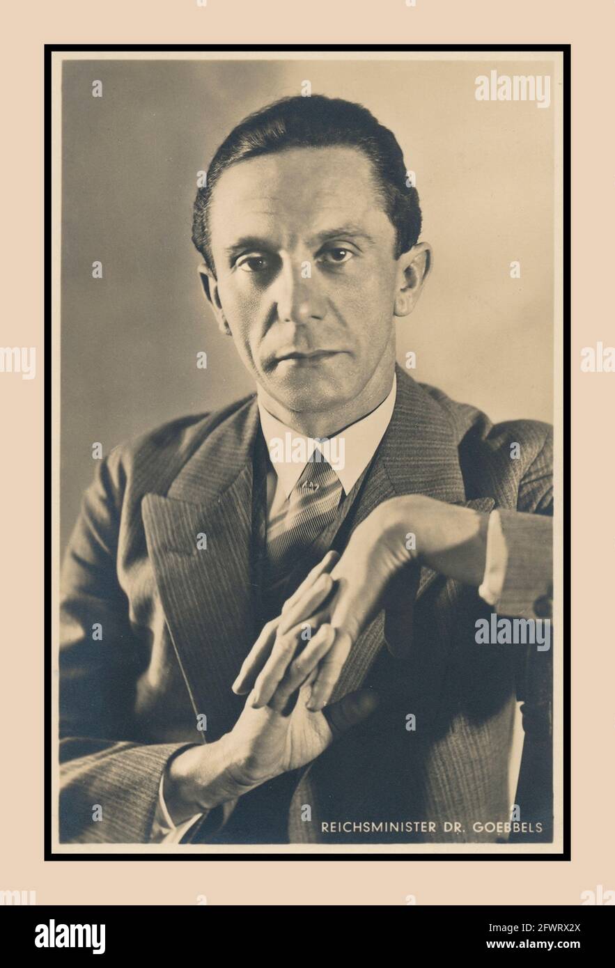 GOEBBELS 1930s Portrait of Paul Joseph Goebbels a German Nazi politician and Reich Minister of Propaganda of Nazi Germany from 1933 to 1945. He was one of Adolf Hitler's closest and most devoted associates, and was known for his skills in public speaking and his deeply virulent antisemitism, which was evident in his publicly voiced views. Committed suicide with his family in 1945 with Allies on final assault to central Berlin Germany Stock Photo
