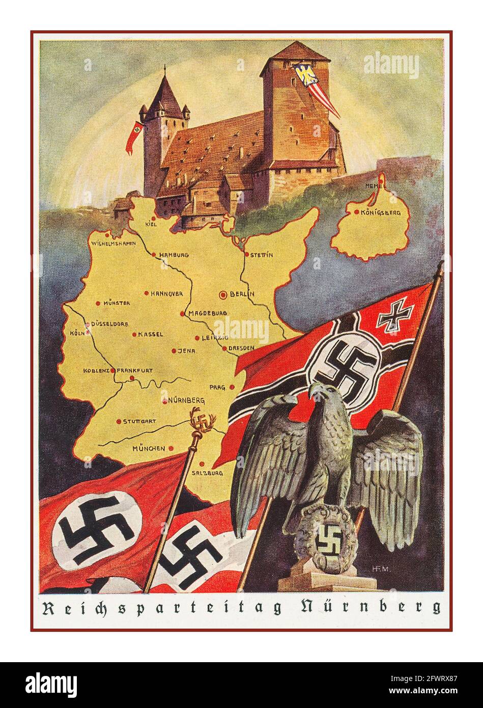 1930's Nazi Propaganda Poster Card REICHSPARTEITAG NURNBERG, with map of Nazi Germany with Swastika Flags German Eagle and Nuremberg Nurnberg Castle Stock Photo