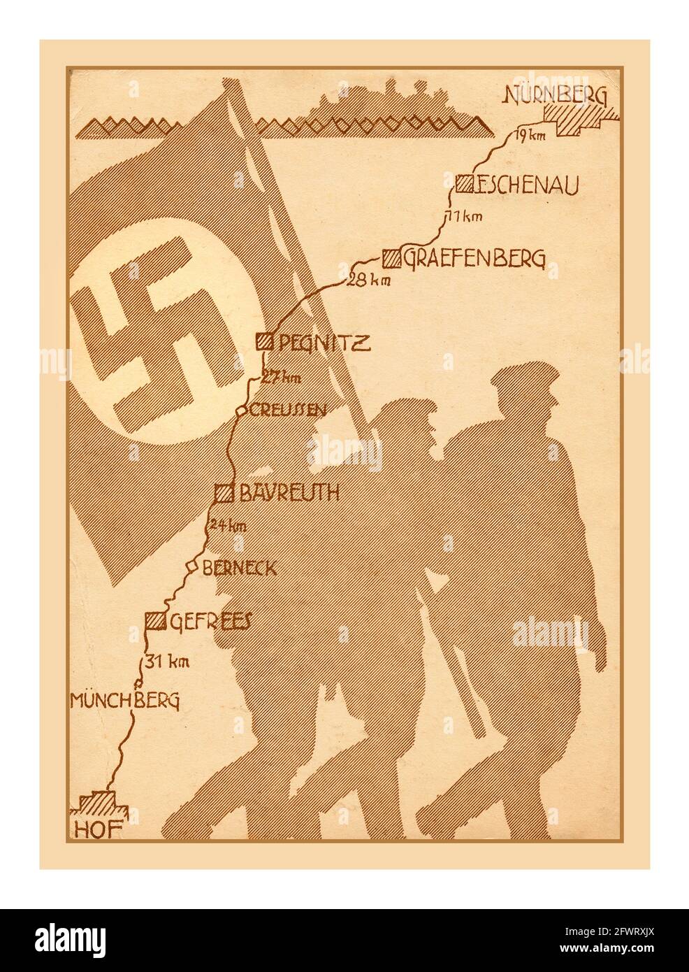 1930's Nazi Propaganda Poster Card with Swastika Flag carrying NSDAP marching over a map illustration to Nuremberg Germany Gau Saxony to the Nuremberg Rally 1936, Stock Photo