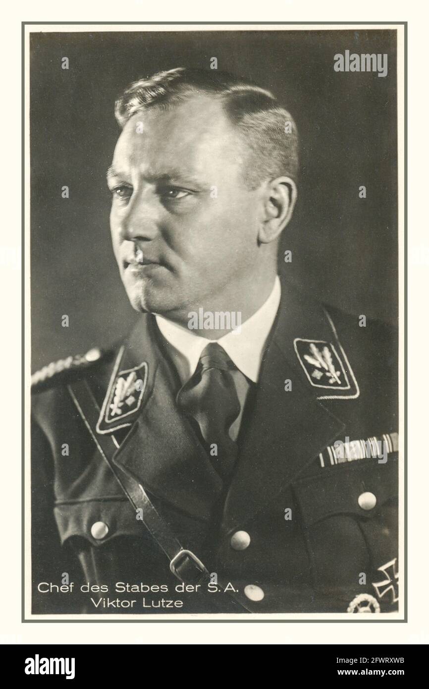 1930's Nazi Portrait of Viktor Lutze Chef des Stabes der SA  was a German Nazi Party functionary and the commander of the Sturmabteilung succeeding Ernst Röhm as Stabschef and Reichsleiter. He died from injuries received in a car accident. Lutze was given an elaborate state funeral in Berlin on 7 May 1943 Stock Photo