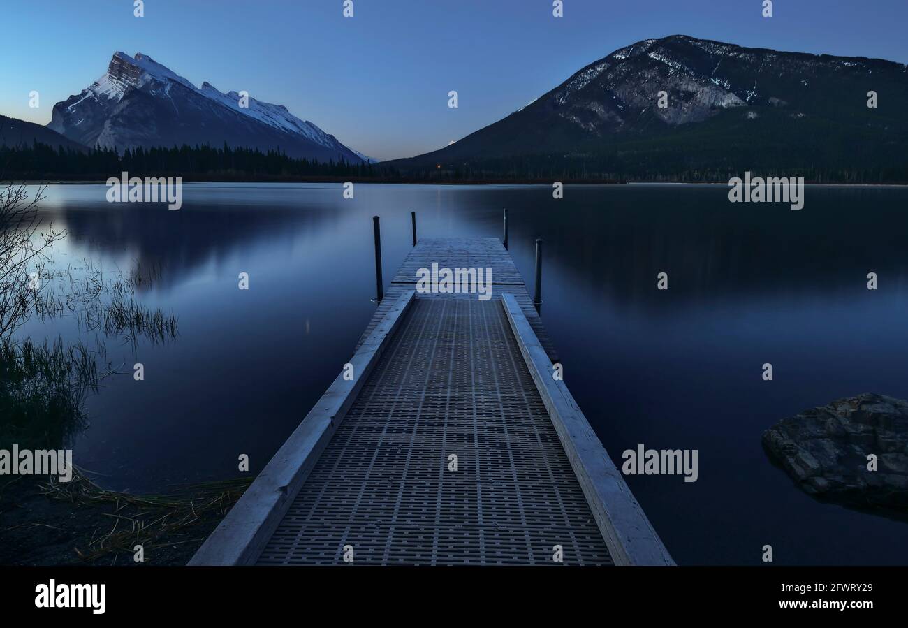Banff Dock Early morning view of Mount Rundle and boat dock at Vermilion Lakes in ...