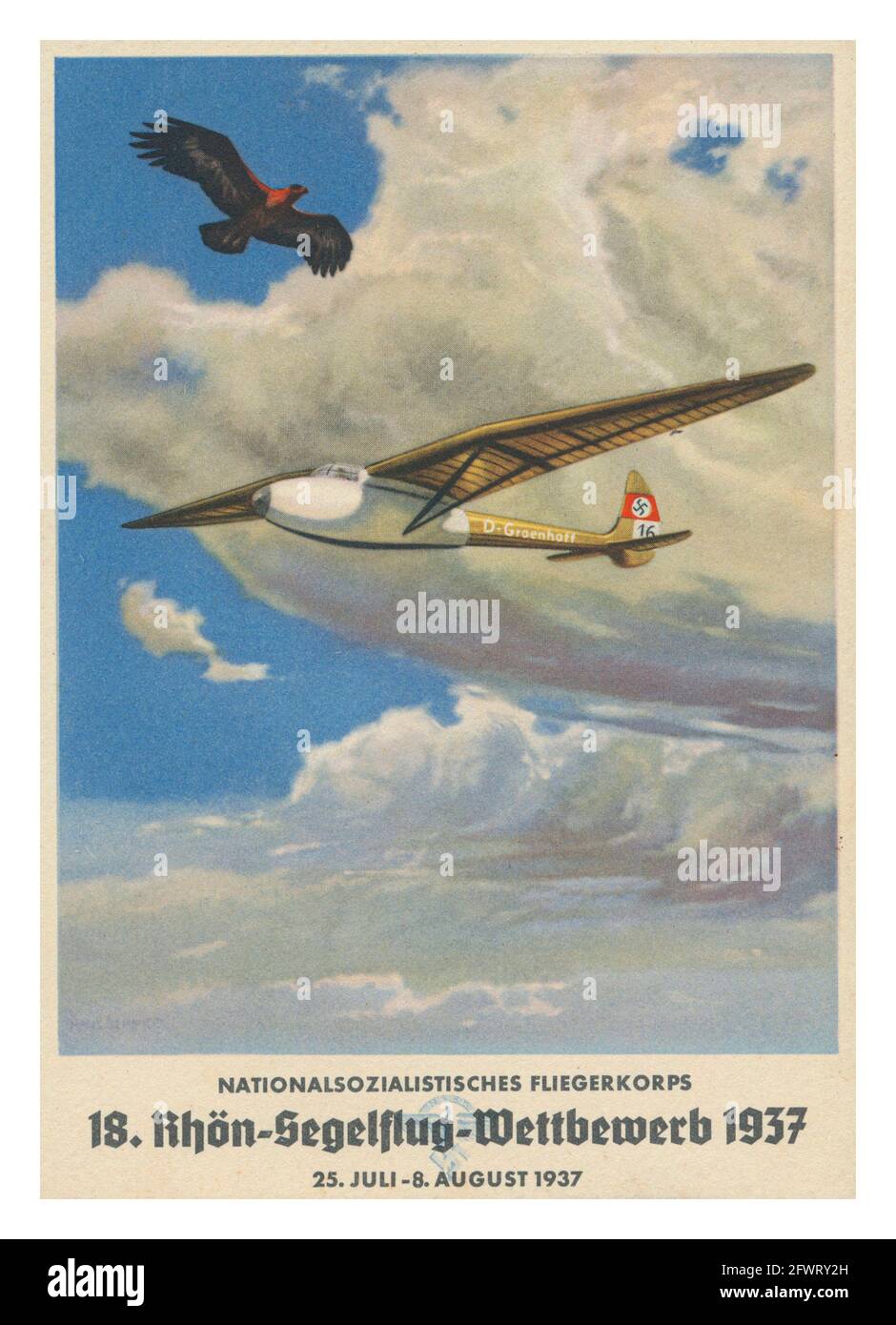 FLIEGERKORPS 1937,Nazi Propaganda Card Poster  'National Socialist Fliegerkorps NSFK 18th Rhön-Segelflug-Competition 1937', illustration of the glider 'D-Groenhoff' with Nazi Swastika and eagle in the sky, preparation and training for the Nazi Germany Luftwaffe WW2 Stock Photo