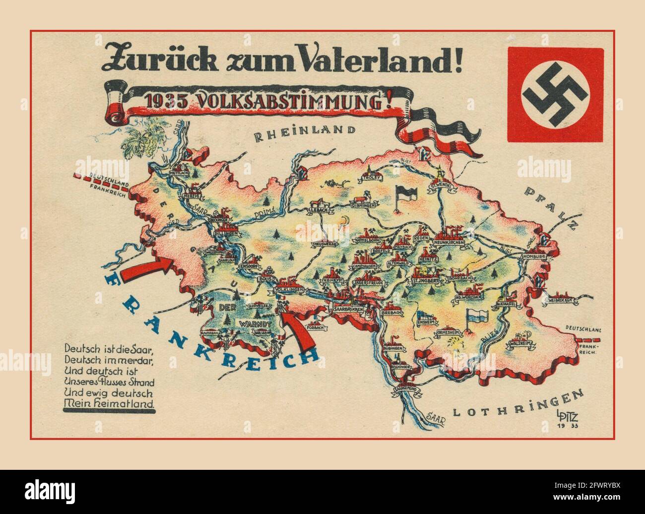 Nazi Germany vintage 'Back to the Fatherland'  '1935 REFERENDUM' Saar referendum plebiscite, 1935, propaganda card for the Saar plebiscite, a card with a map of Saarland and a coloured propaganda card sent by post in the Saar area in 1935  'Germany is the Saar Germany forever' Stock Photo