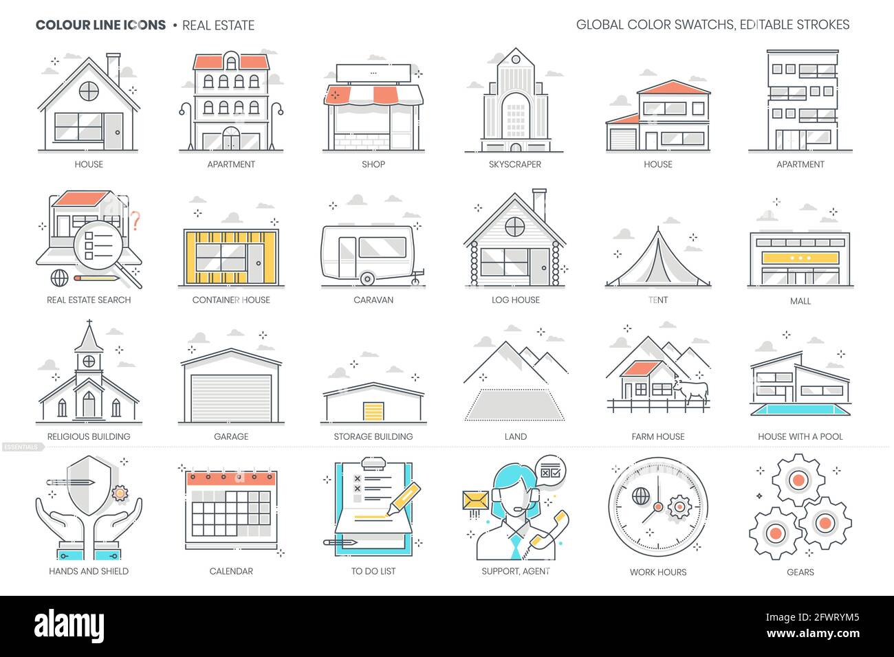 Real Estate related, color line, vector icon, illustration set Stock Vector