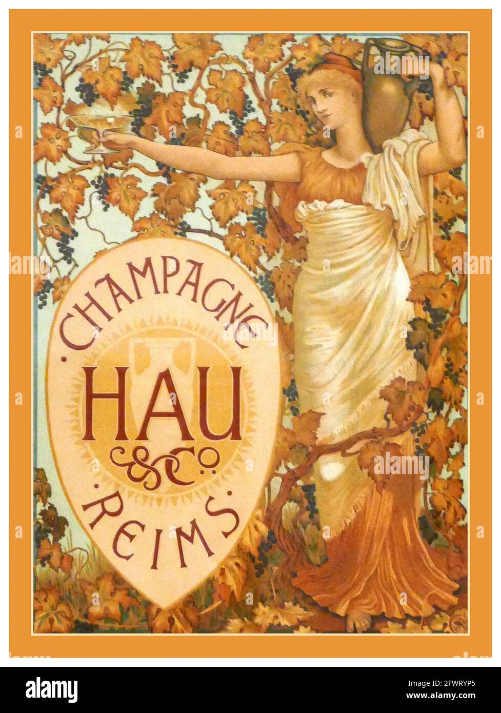 Vintage 1890’s Champagne Hau & Co. Poster Art Deco design by Walter Crane. Champagne Reims France (1894)   Lithograph poster art in colour Stock Photo