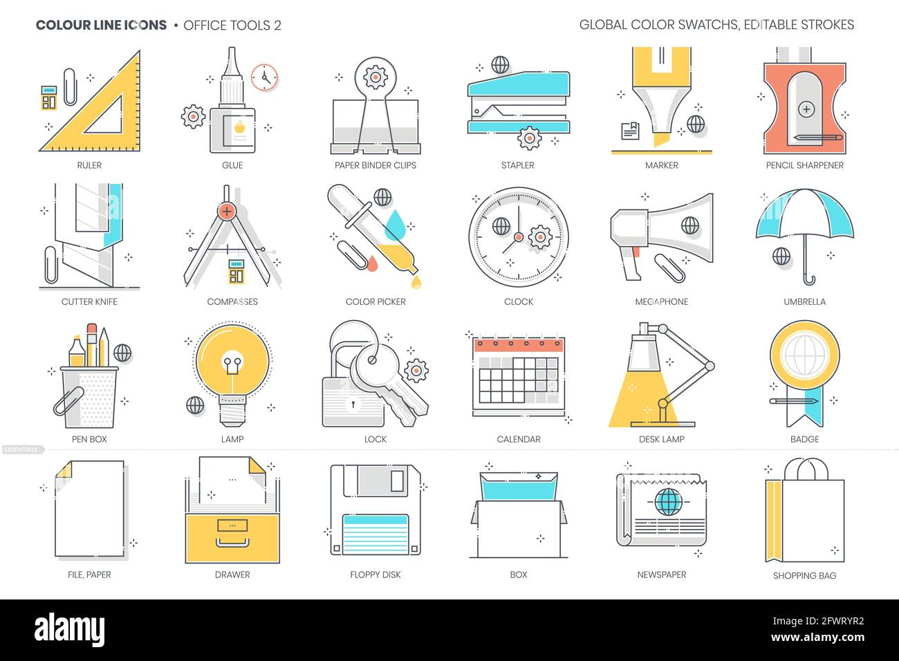 Office tools related, color line, vector icon, illustration set Stock Vector