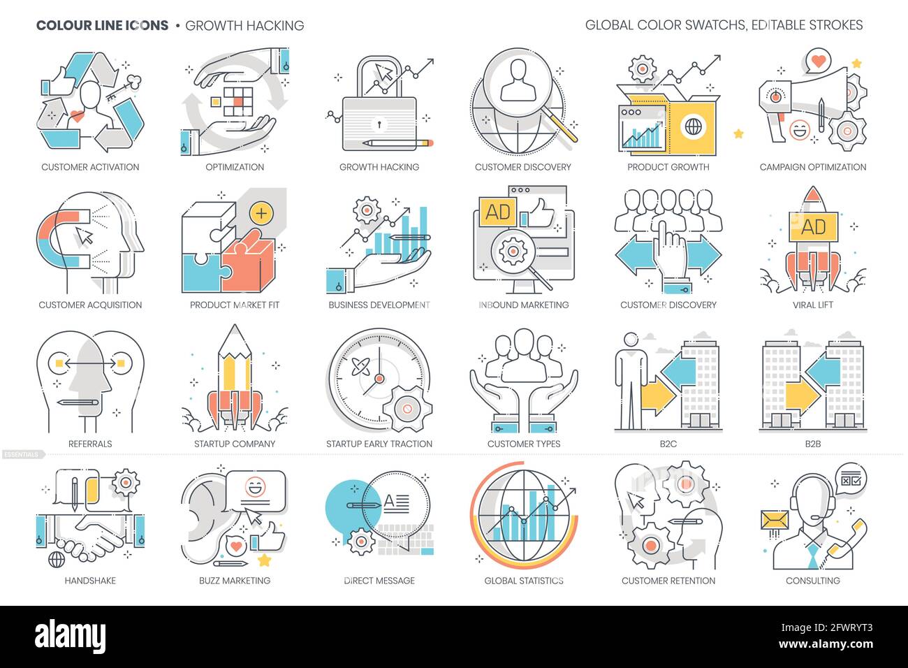 Growth hacking related, color line, vector icon, illustration set Stock Vector