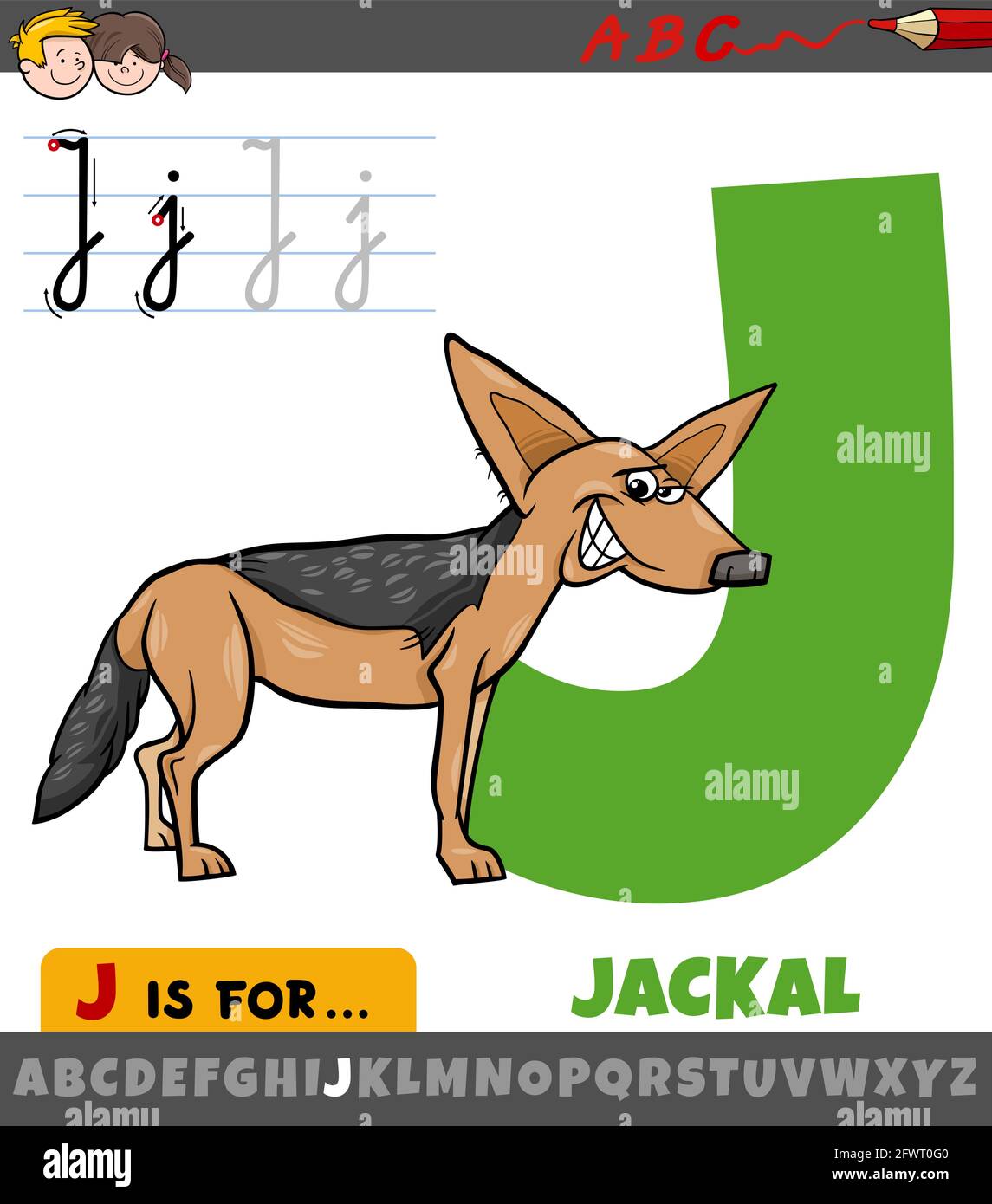 Educational cartoon illustration of letter J from alphabet with jackal animal character Stock Vector