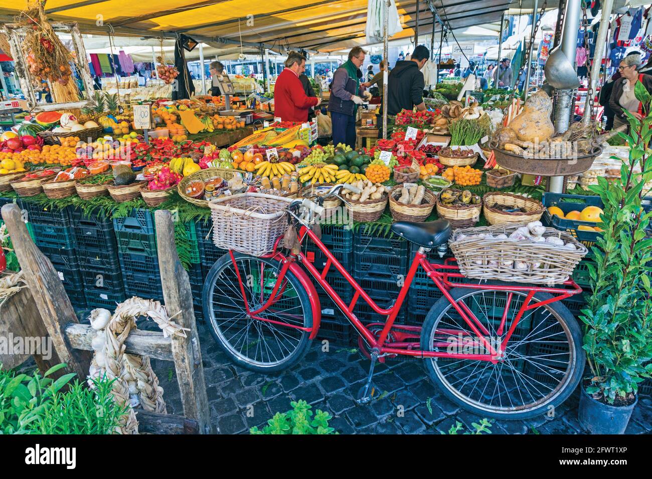 Rome, Italy. Fruit and vegetable stall at the daily market in the Campo ...