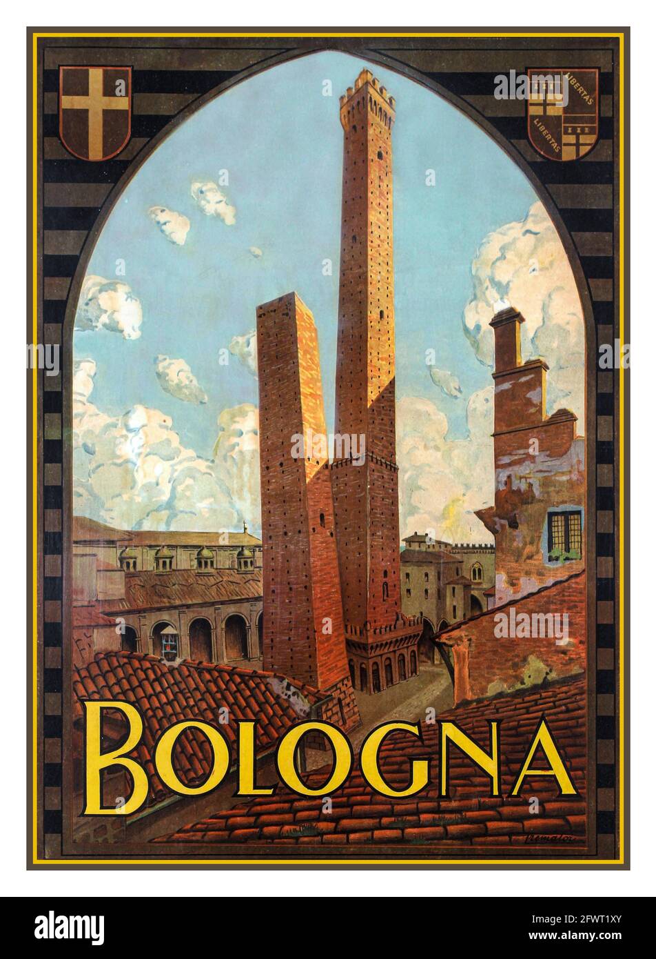 Vintage Bologna by Trematore 1930 VINTAGE ORIGINAL Italian POSTER LITHOGRAPH Bologna Italy Retro advertising poster of the city of Bologna with the two historic landmark towers of Garisenda and Asinelli. Stock Photo