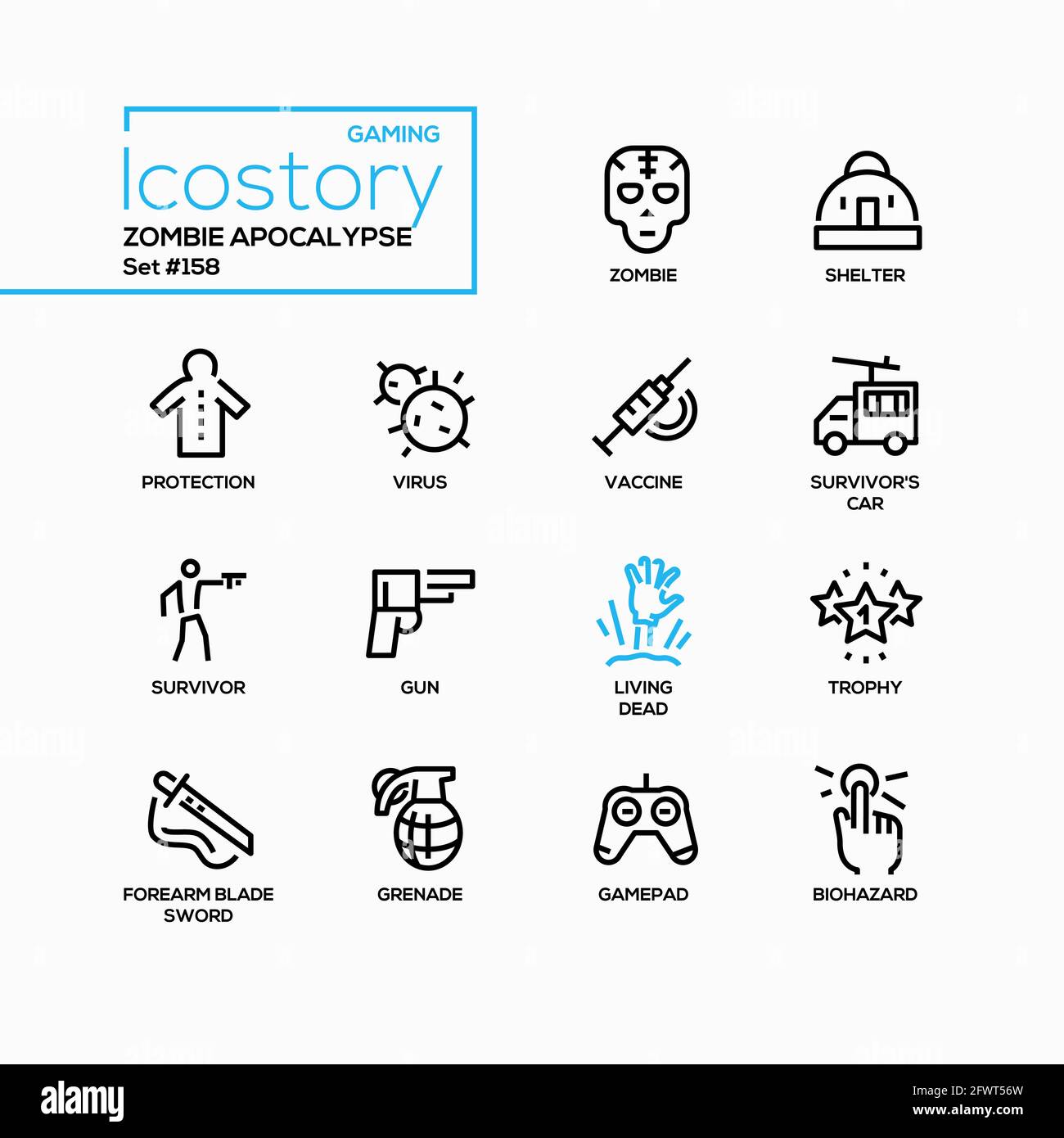 Zombie apocalypse - line design style icons set. Gaming objects, weapons. Black images of a shelter, protection, virus, vaccine, survivor, gun, living Stock Vector