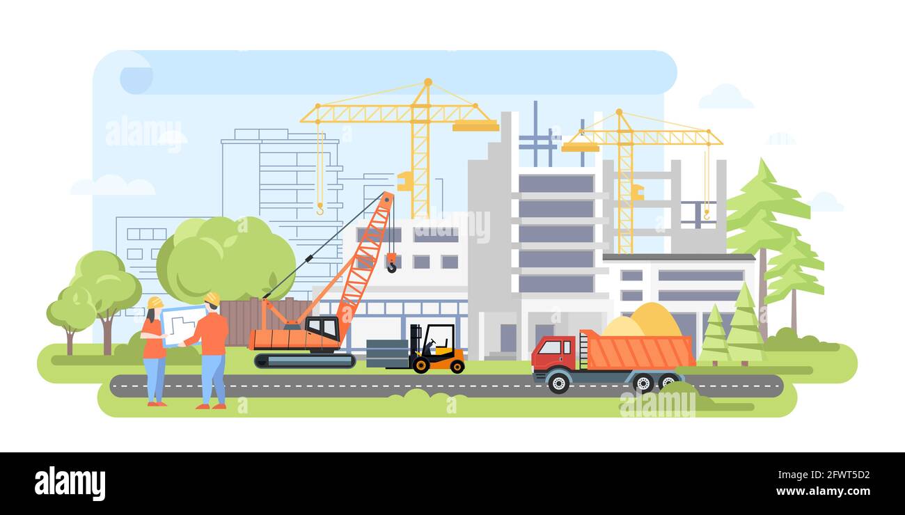 Housing complex under construction flat design style illustration. Urban landscape with