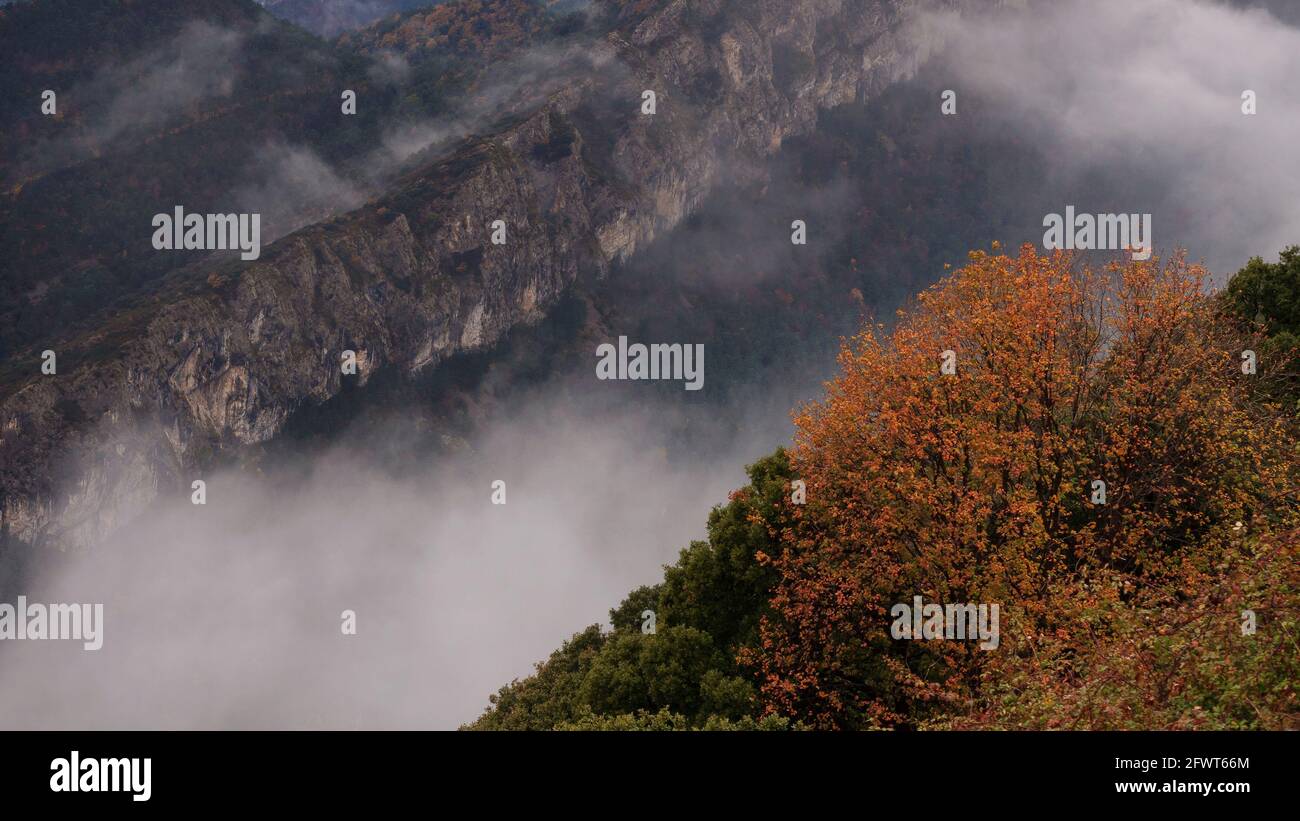 Autumn in the Alt Berguedà region, seen from the Devesa viewpoint in Coll de Pal (Berguedà, Catalonia, Spain, Pyrenees) Stock Photo