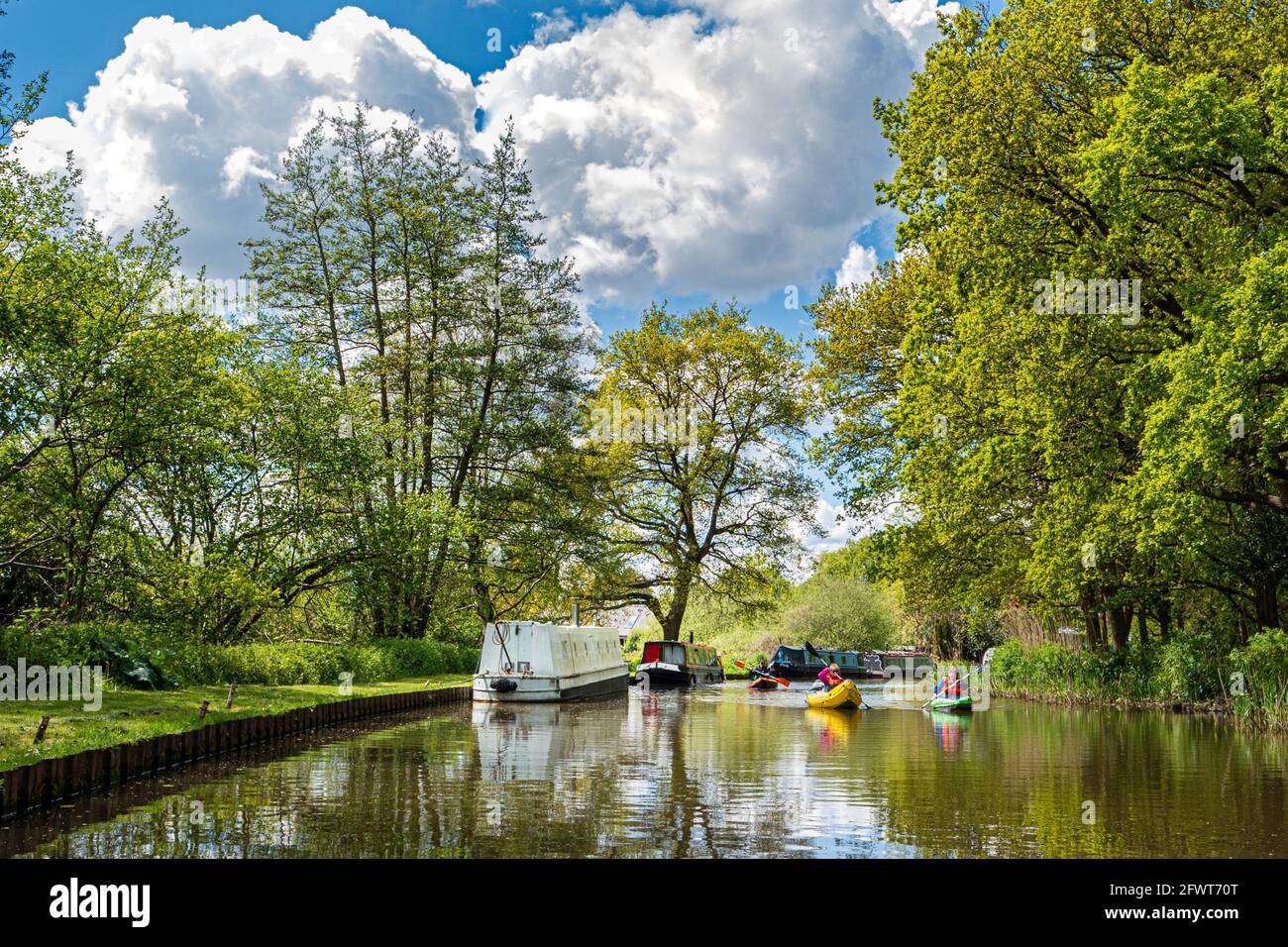 The River Wey, with staycation canoes group and traditional narrow boats on a sunny spring/summer day upstream from Papercourt Lock Ripley Surrey UK Stock Photo