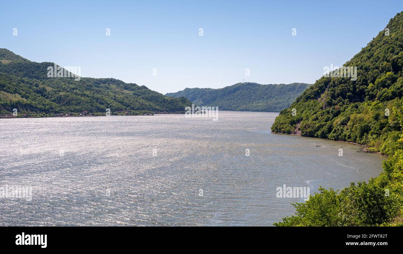 Danube river at the Iron gates Djerdapska klisura gorge between Serbia and Romania Stock Photo