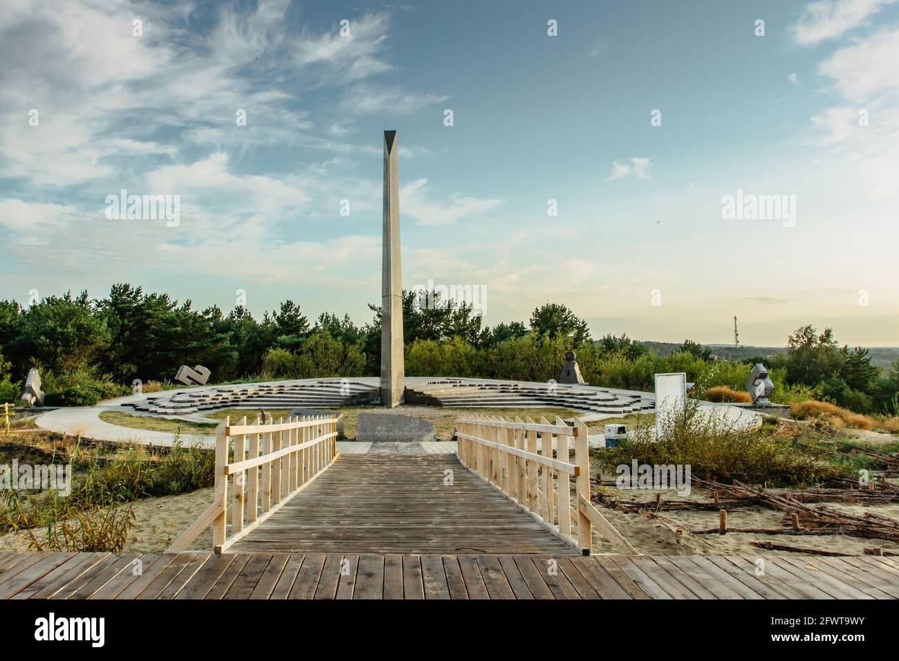 Outdoor horizontal sundial-a calendar standing on the Parnidis dune near Nida,Curonian Spit, Lithuania.Decorative granite sculpture,natural monument Stock Photo