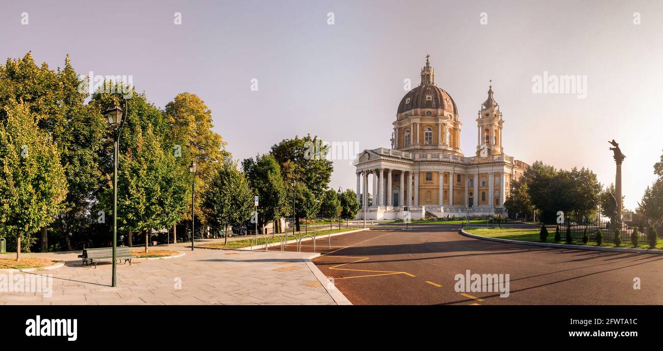 The Basilica of Superga at the dawn light on the hills of Turin, Piedmont, Italy Stock Photo