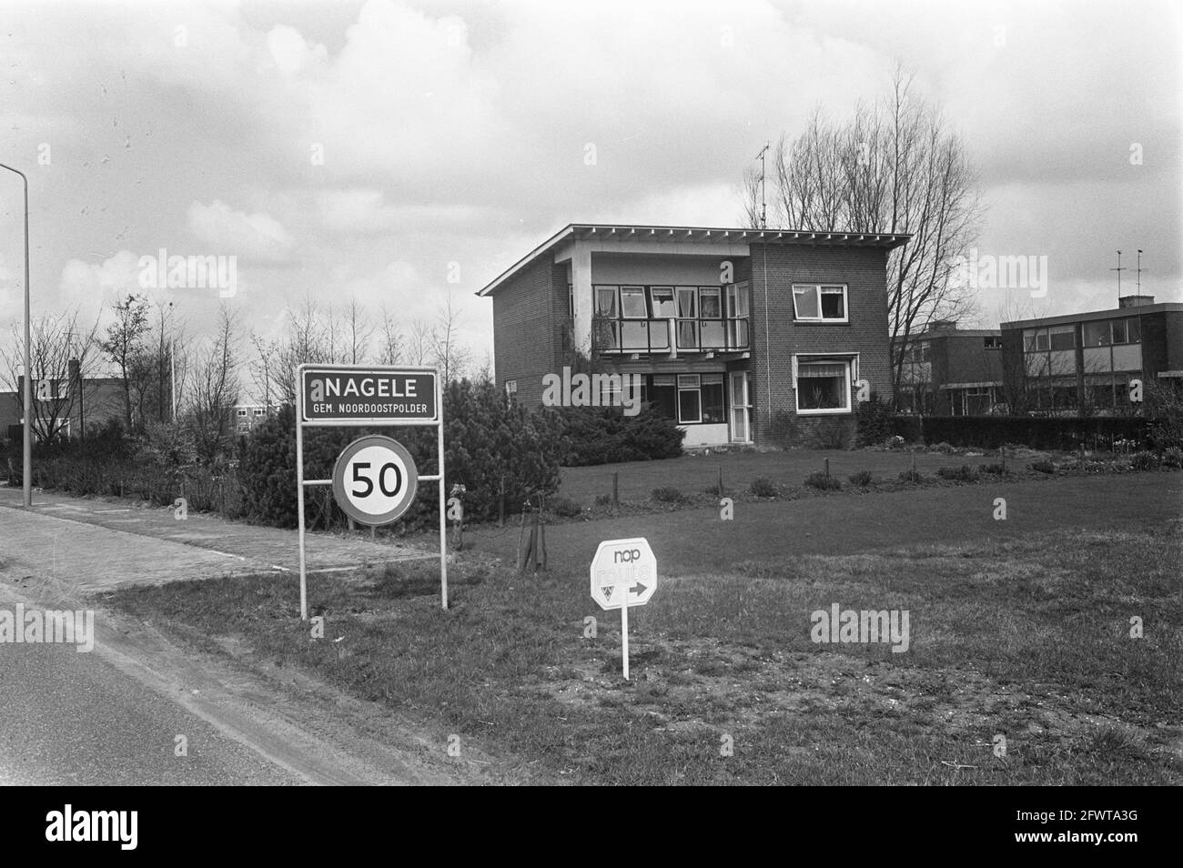Noord Oost Polder sign village Nagele, April 17, 1969, signs, villages, The Netherlands, 20th century press agency photo, news to remember, documentary, historic photography 1945-1990, visual stories, human history of the Twentieth Century, capturing moments in time Stock Photo