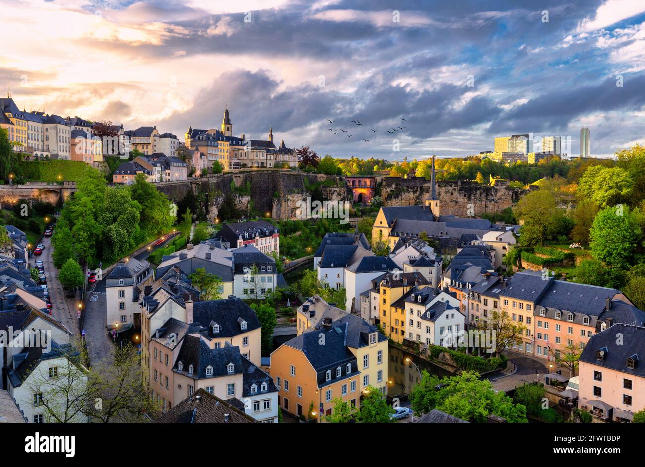 Luxembourg City on a cloudy evening, cityscape from classic view location. Luxembourg, Europe. Stock Photo