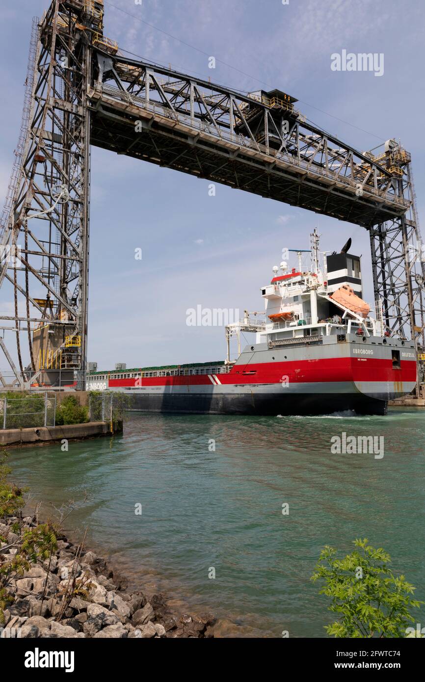 Ship passing under bridge 5, also known as the Glendale Bridge, a