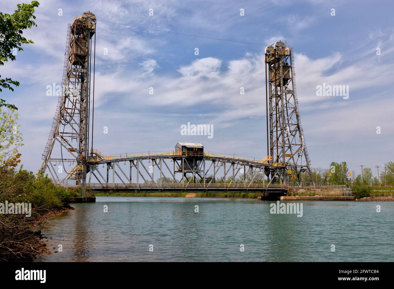 Bridge 5, also known as the Glendale Bridge, a vertical lift bridge the Welland Canal in St. Catharines, Ontario Canada. Stock Photo