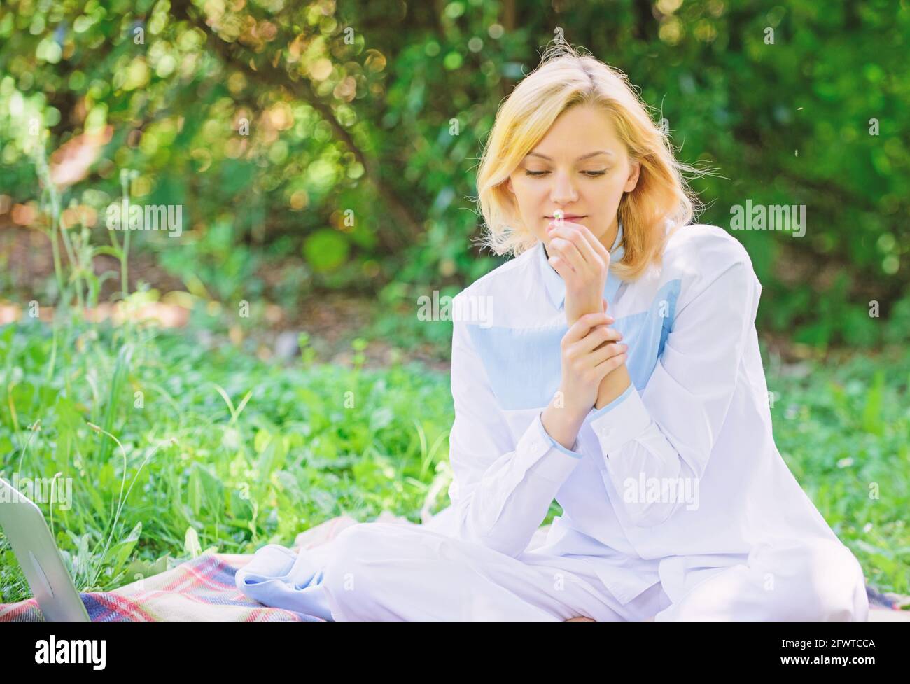 Pure and tender concept. Woman enjoy relax nature background. Lady