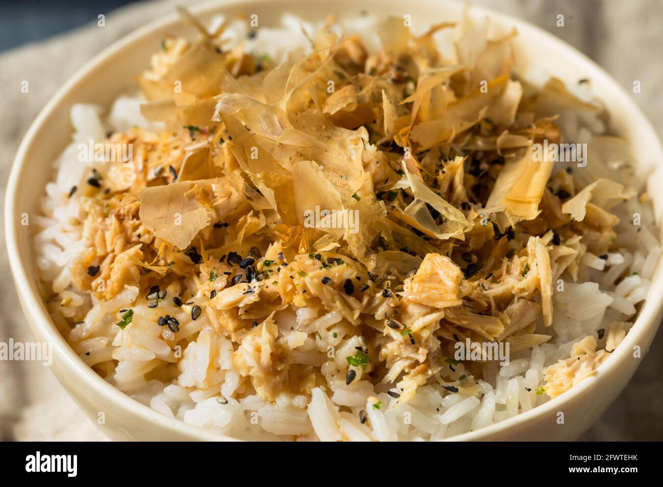 Healthy Homemade Tuna Cat Rice with Sesame Seeds and Bonito Flakes Stock Photo
