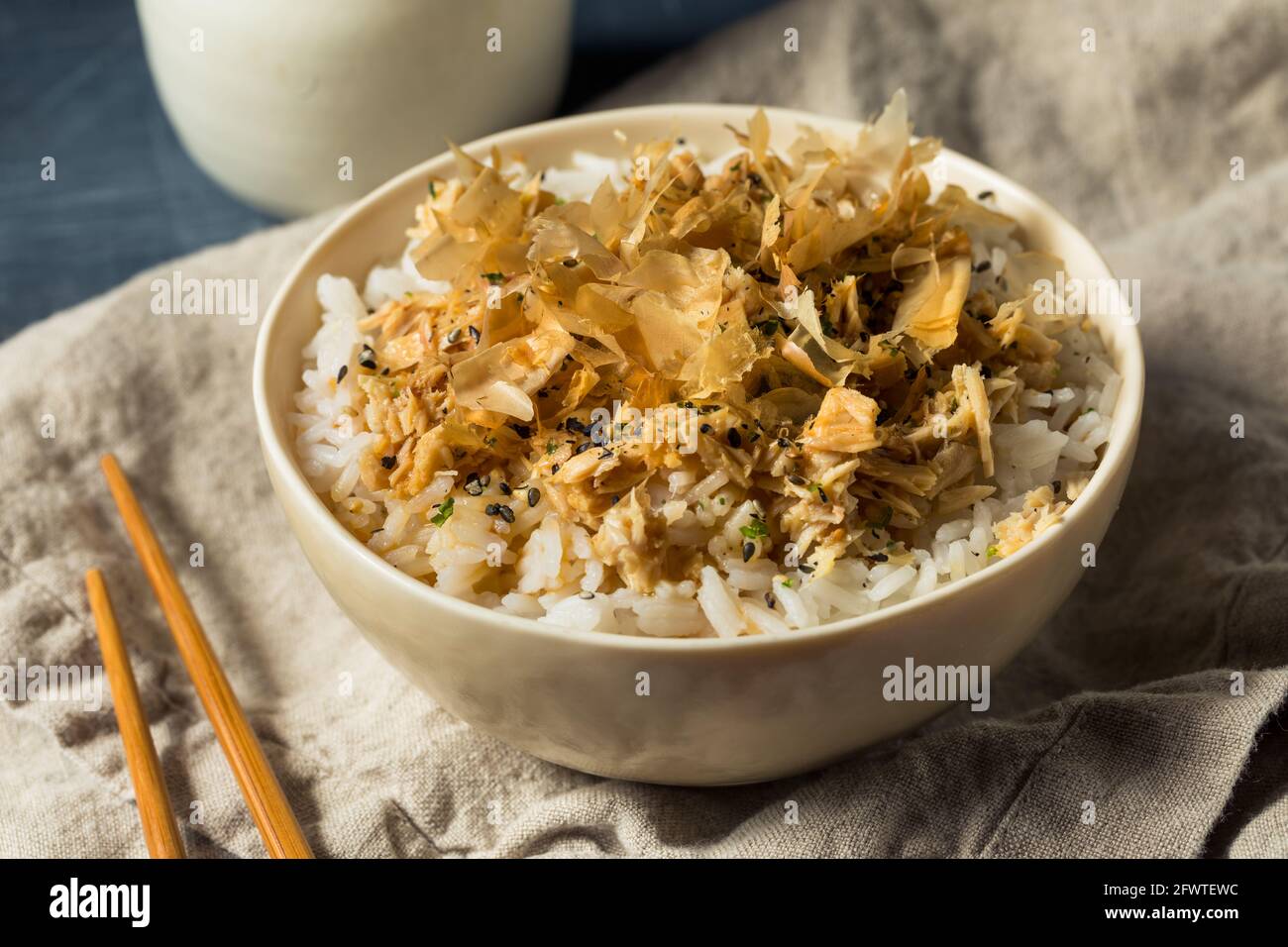 Healthy Homemade Tuna Cat Rice with Sesame Seeds and Bonito Flakes Stock Photo