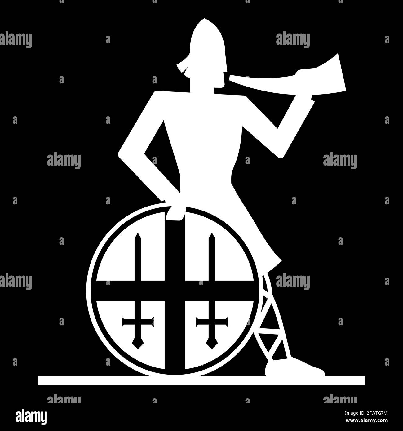 Viking design. Old Norse warrior with shield, sword and battle horn, isolated on black, vector illustration Stock Vector