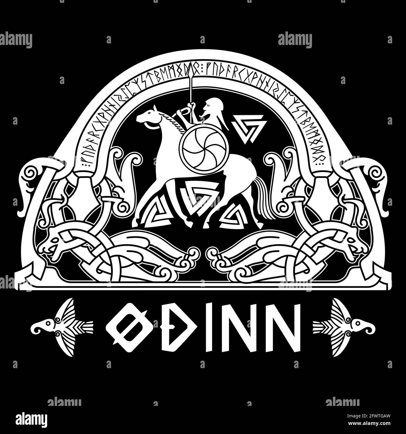 Scandinavian supreme god of Norse mythology - Odin. Hand drawing of Odin  Head. Cartoon bearded man character. God Odin, Wotan tattoo. Traditional  norse ornament. Vector graphics to design Stock Vector