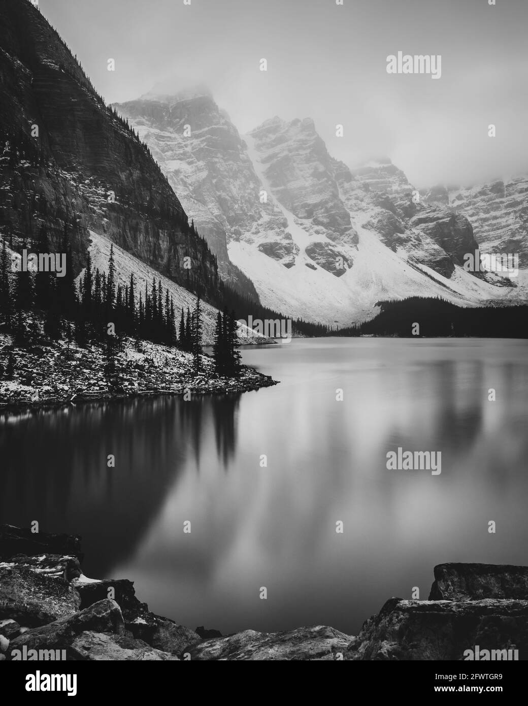 A black and white image of Moraine Lake, near Lake Louise, Alberta, Canada Stock Photo