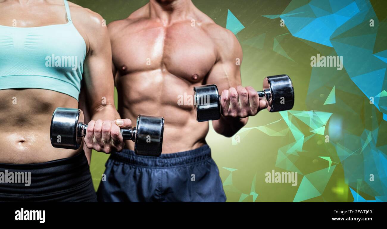 Composition of muscular man and woman exercising with dumbbells on ...